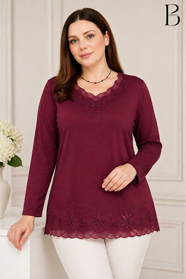 Comfortable Cut V-Neck Tulle and Pearl Embroidered Plum Mother Combed Cotton Blouse