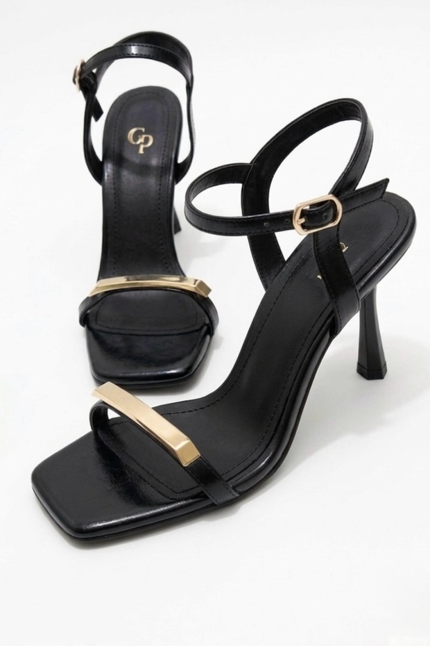 Women's Black Square-Toe Gold Detailed Thin Heeled Shoes - Evening Dress Shoes-Graduation Shoes