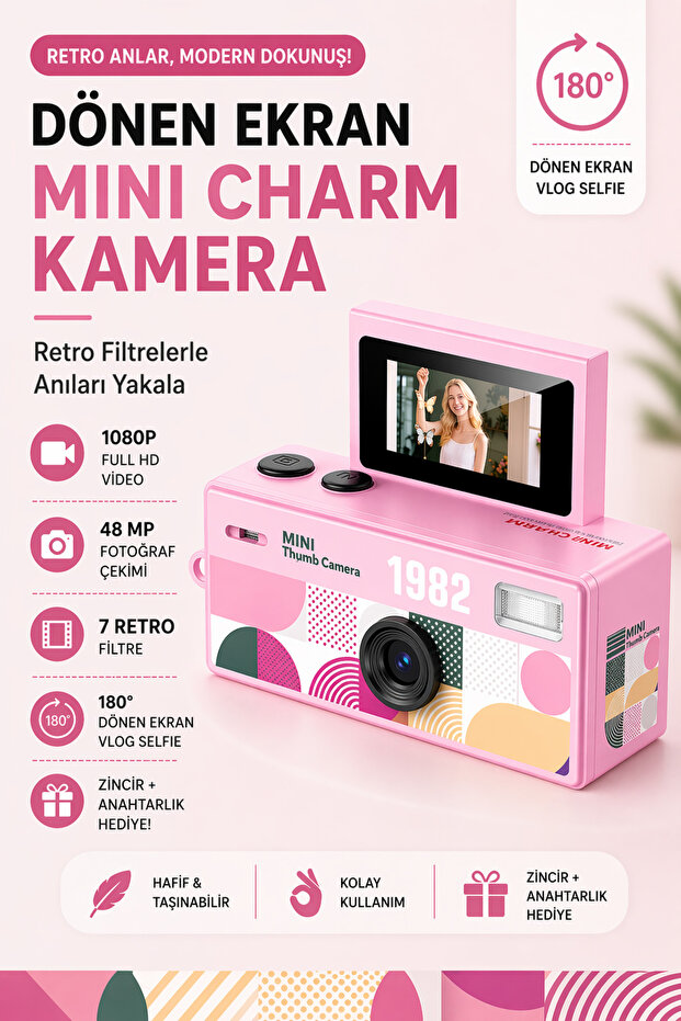 RoseandRoses Mini Charm Kamera Dönen Ekran Flaşlı Selfie Video Vlog Kamerası 1080P+48MP