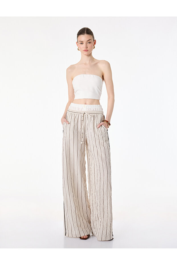 Viscose Fabric High Waist Button Detailed Wide Leg Striped Trousers