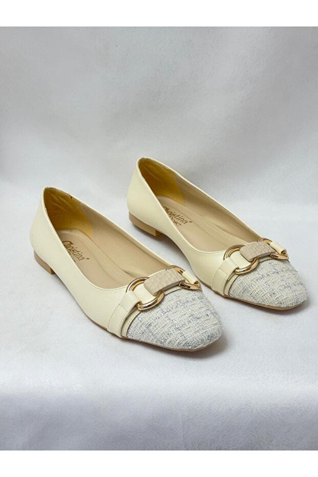 Ll2702 large size textile and leather material buckle detail beige flat shoe