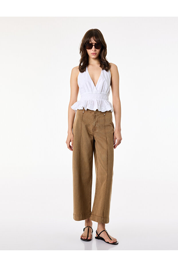 Regular Waist Ribbed Short Wide Leg Pants with Pocket Detail - Culotte Jeans