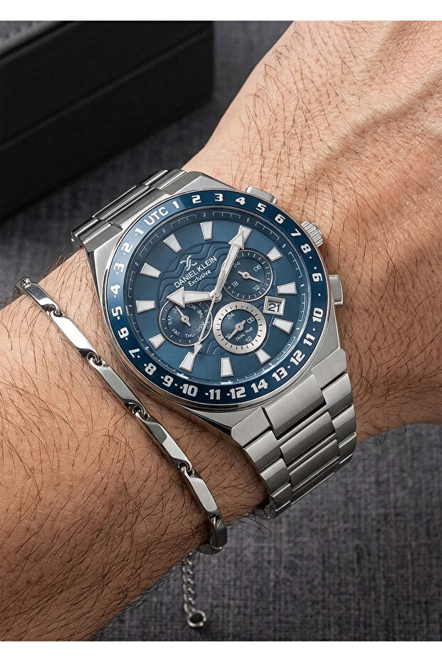 Men's Blue Dial Silver Metal Band Calendar Wristwatch with 2 Year Warranty