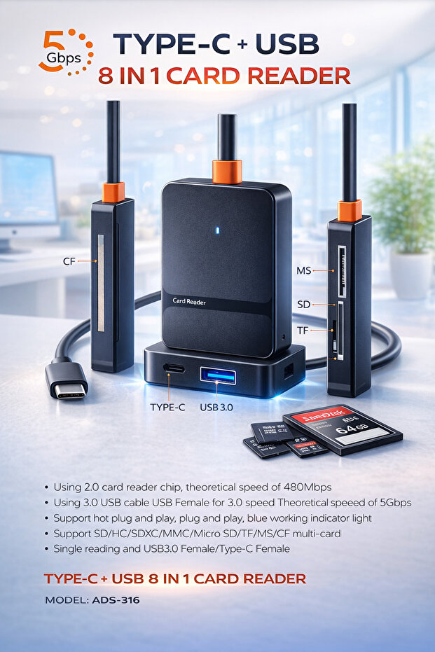 قارئ بطاقات USB نوع C + USB 8 في 1 - 2