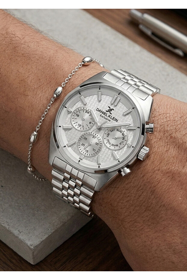 Men's Silver Multifunction Steel Metal Cord Wristwatch