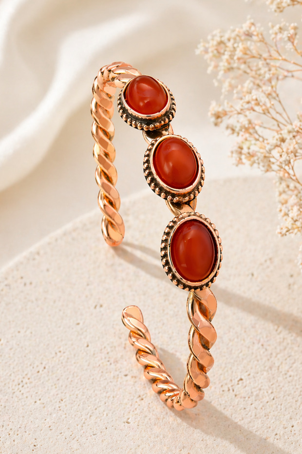 Three Rows of Red Agate Stones Copper Bracelet for Women, Authentic Natural Stone, Handmade, Stylish Design