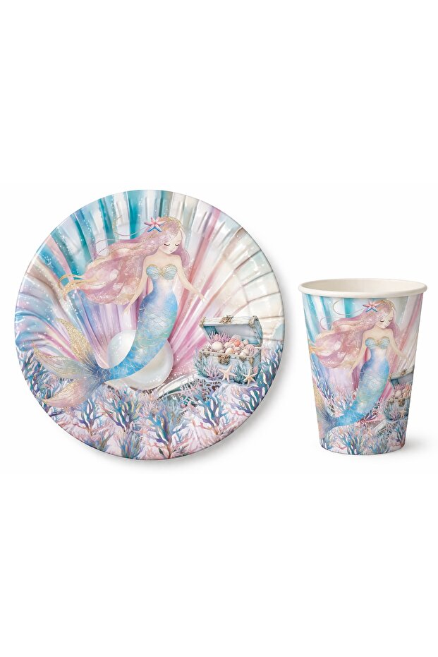 Mermaid Themed Cardboard Plates and Cups for 16 People