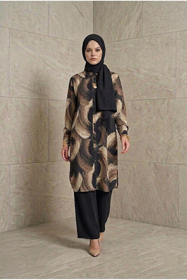 Ruki̇ye Takim Patterned Long Hijab Tunic Trousers Set Linen Fabric Black