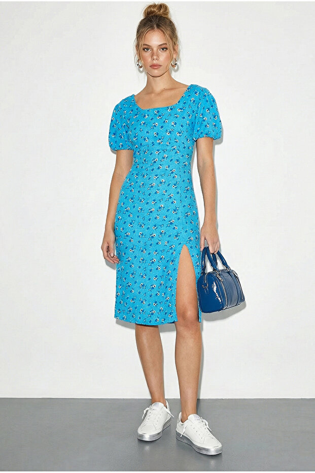 Women's Blue Back Detailed Slit Square Neck Short Sleeve Floral Patterned Dress 60261462