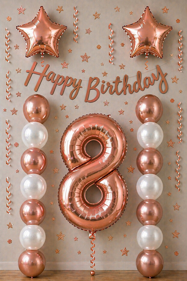 Rose Gold 8Th Birthday Celebration Set; White Gold Balloon, Number Star Foil and Banner