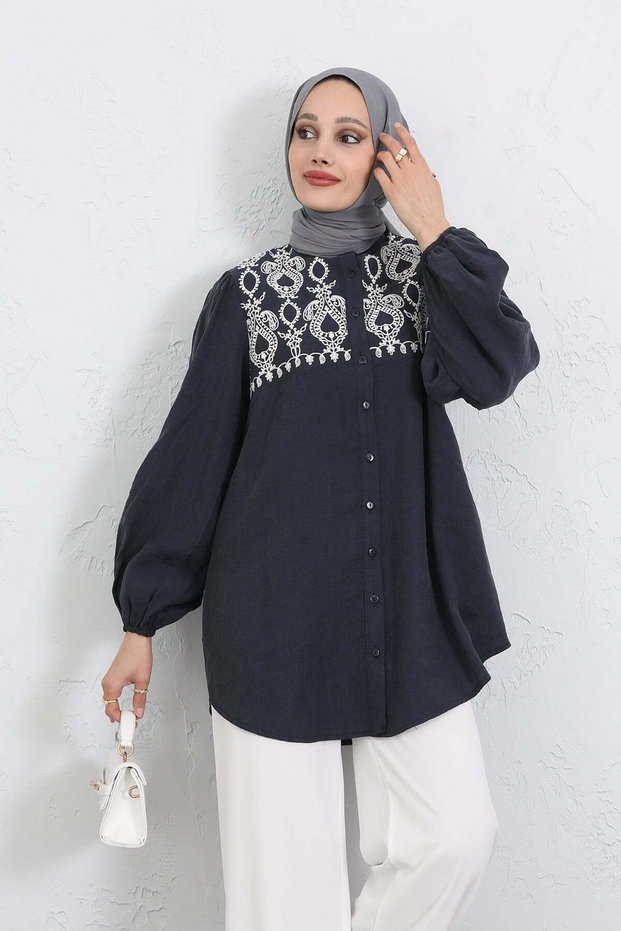 Embroidery Detailed Balloon Sleeve Shirt Y0103 - Dark Blue