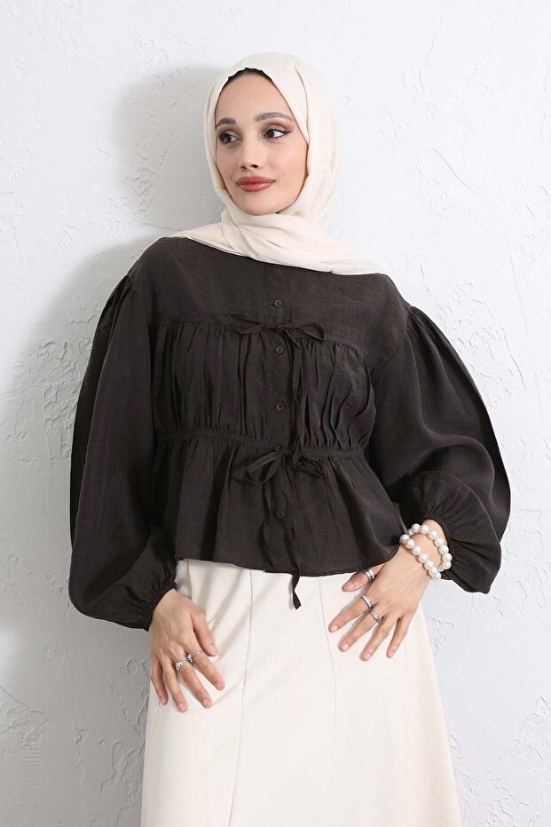 Double Laced Ruched Shirt Y0099 - Dark Brown