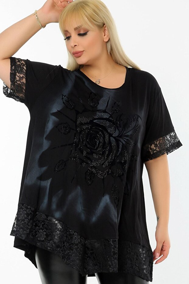 Short Sleeve Tunic with Flock Printed Rose Motif and Lace Skirt and Sleeve End