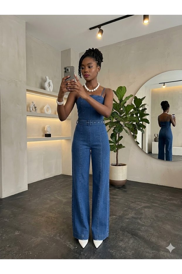 Women's Blue High Waist Wide-Leg Jean Jumpsuit - Spaghetti Strap Denim Jumpsuit