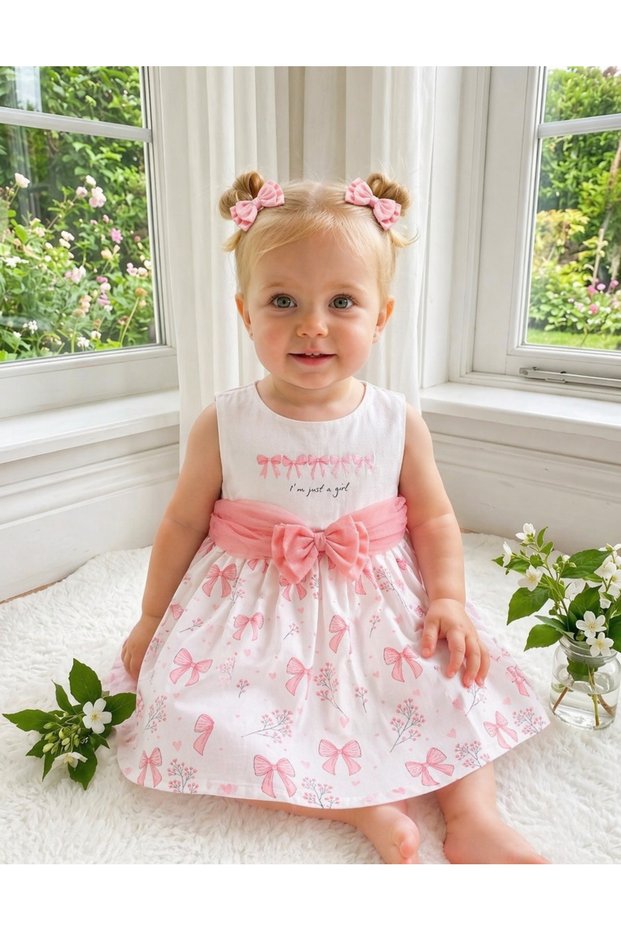 Baby Girl White Pink Bow Patterned Dress with Big Bow Special Occasion Party Dress