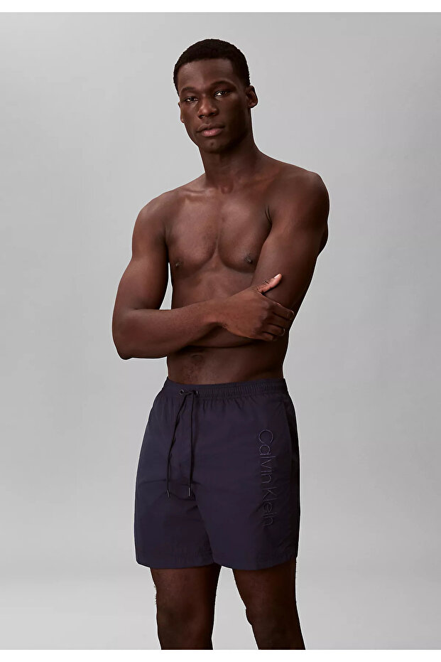 Men's Regular Cut Navy Blue Swim Shorts with Elastic Waist and Drawstring, Logo Detail