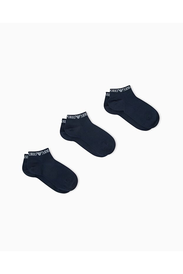 Men's Low-Cut Cotton Socks with Logo Detail, Pack of Three, Navy Blue