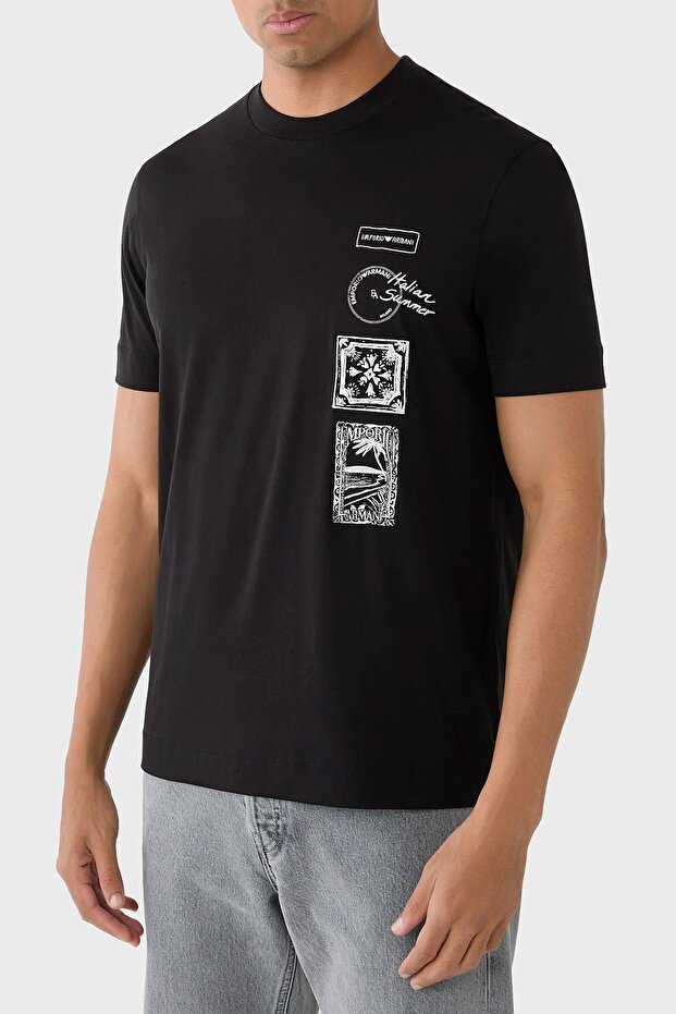 Men's Regular Fit Crew Neck Patterned Short Sleeve Black T-Shirt