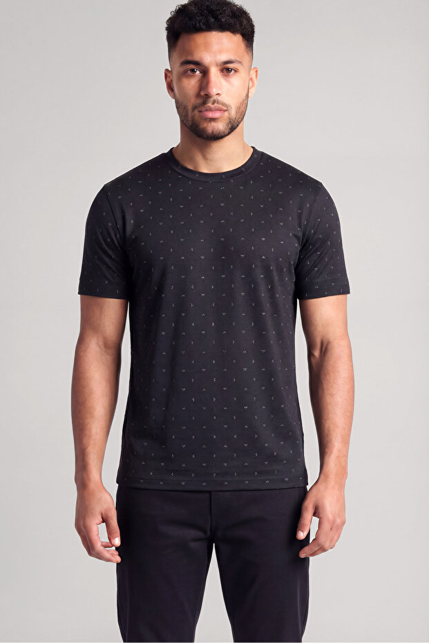 Men's Patterned Crew Neck Short Sleeve Black T-Shirt