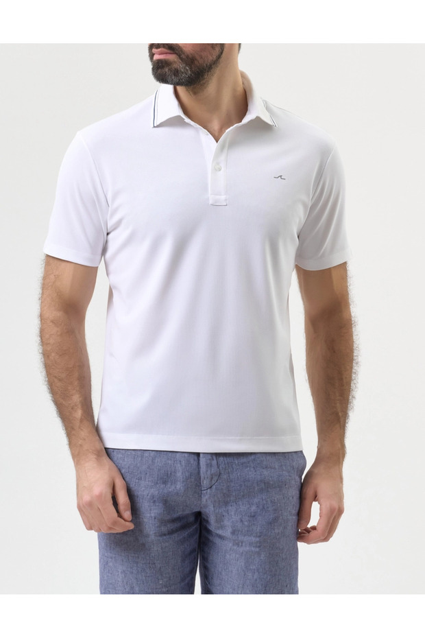 Men's Button Closure Short Sleeve 100% Cotton White Polo Collar T-Shirt