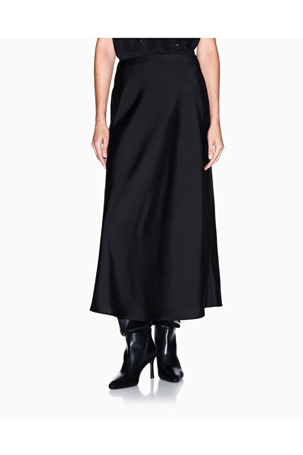 Women's Regular Cut Pleated Satin Midi Length Black Skirt