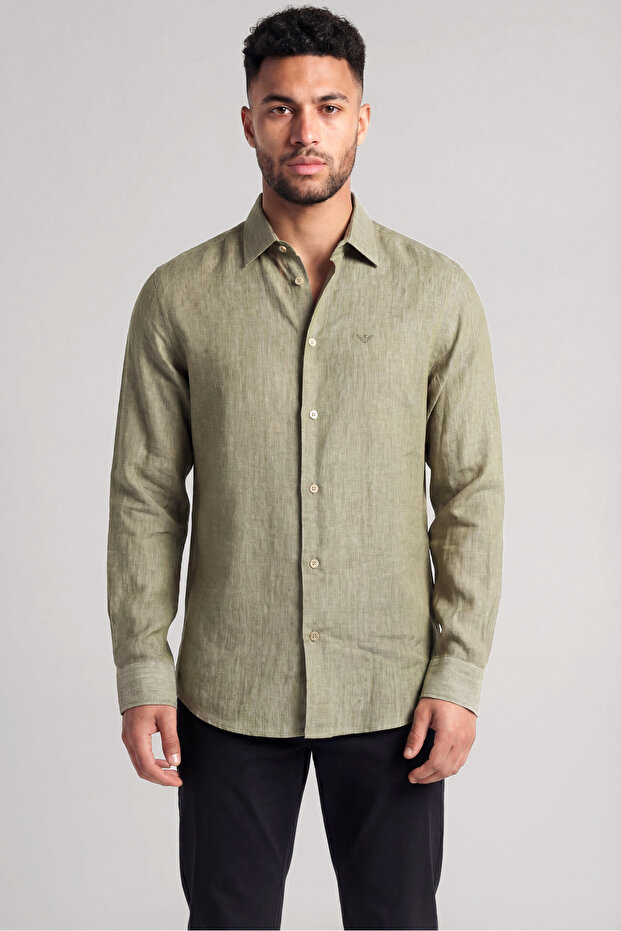Men's Regular Fit 100% Linen Eagle Logo Long Sleeve Beige Shirt