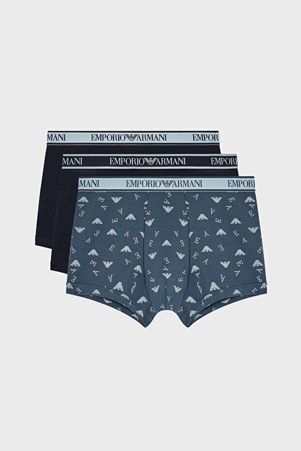 Men's Triple Pack Flexible Cotton Elastic Waistband Patterned Blue Boxers