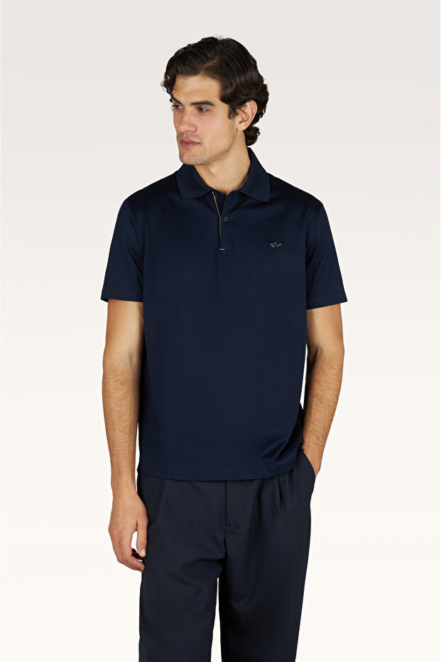 Men's Button Closure Short Sleeve 100% Cotton Navy Blue-Gold Polo Collar T-Shirt