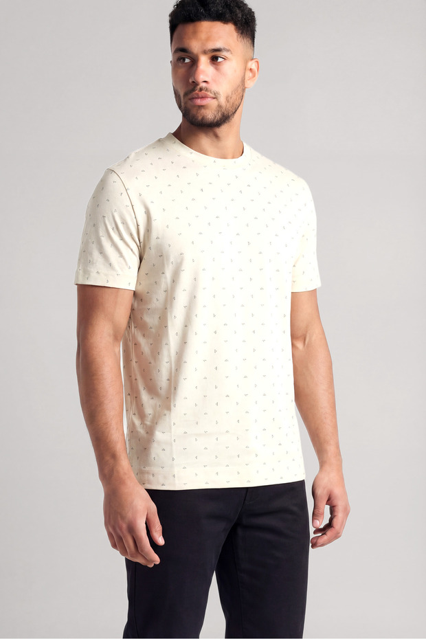 Men's Patterned Crew Neck Short Sleeve Cream T-Shirt