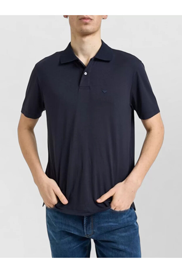 Men's Slim Fit Eagle Logo Embroidered Short Sleeve Navy Blue Polo Collar T-Shirt