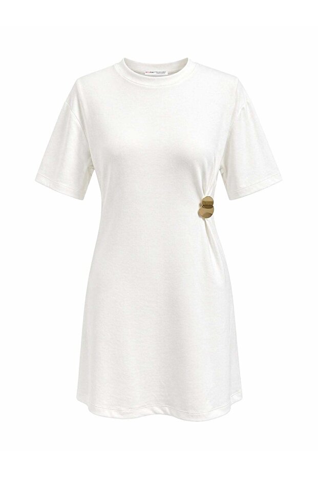 2092 Women's Side Gathered Mini Dress with Metal Accessories White