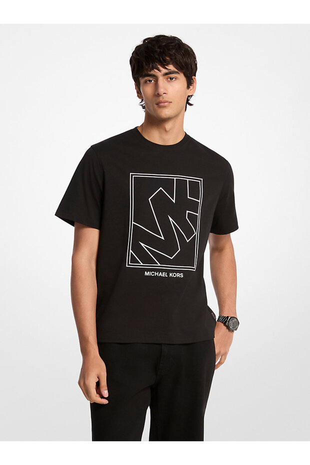Men's 100% Cotton Logo Detailed Crew Neck Short Sleeve Black T-Shirt