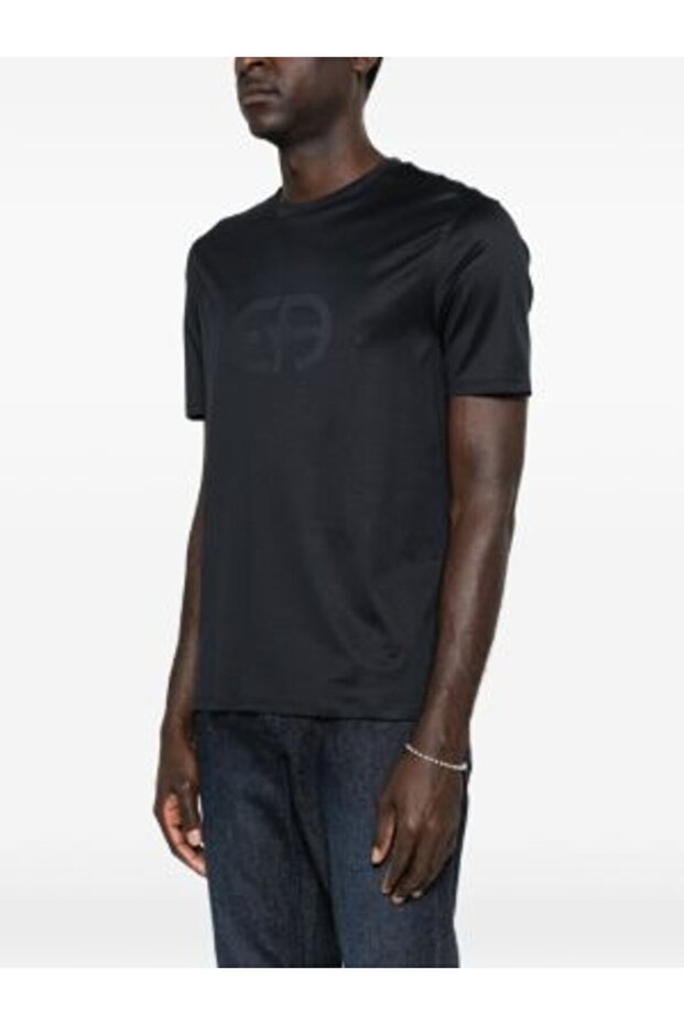 Men's Regular Cut Round Neck Logo Patterned Short Sleeve Navy Blue T-Shirt