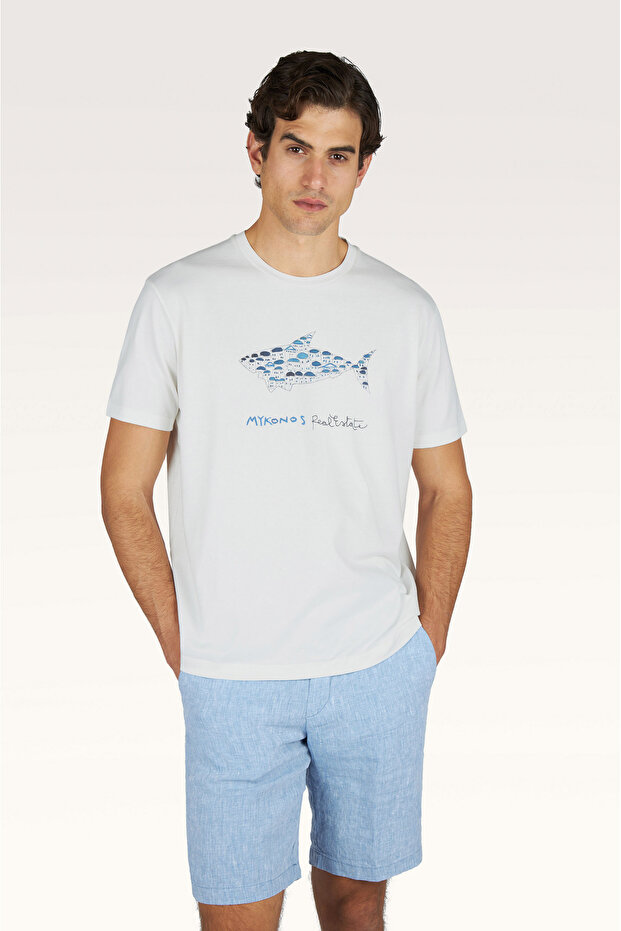 Men's Short Sleeve Cotton Crew Neck Fish Pattern White T-Shirt