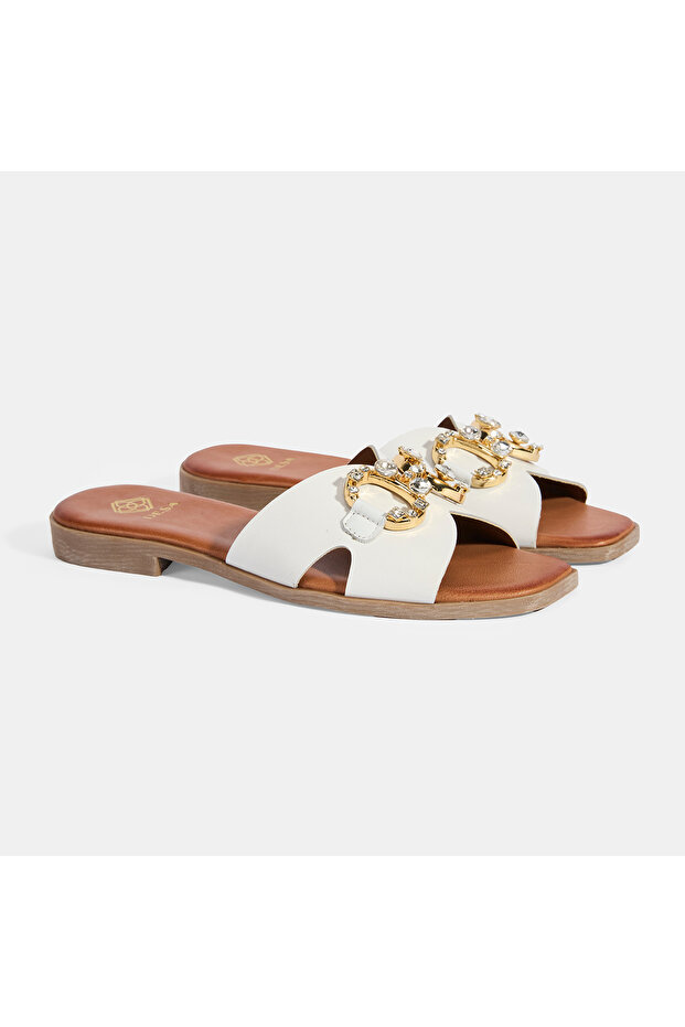Women's White Stone Buckle Accessory Leather Slippers