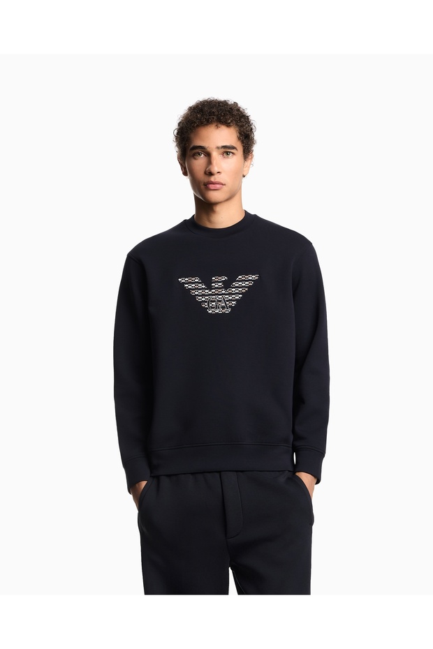 Men's Comfortable Double Jersey Round Neck Logo Embroidered Navy Blue Sweatshirt