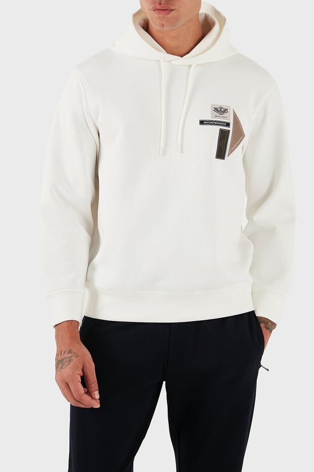Men's Hooded Collar Long Sleeve Cotton Regular Fit White Sweatshirt