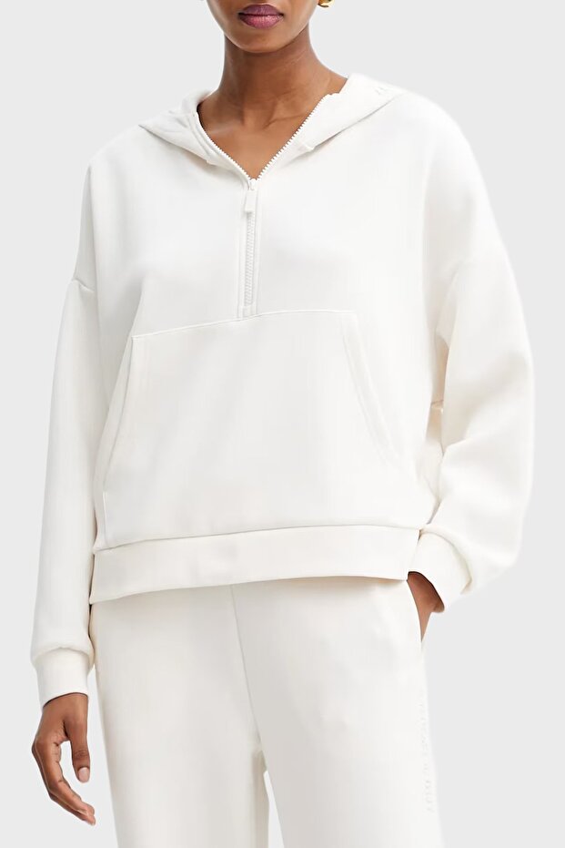 Women's Comfortable Fit Zippered Hooded Cotton Sweatshirt with Front Kangaroo Pocket in Ecru