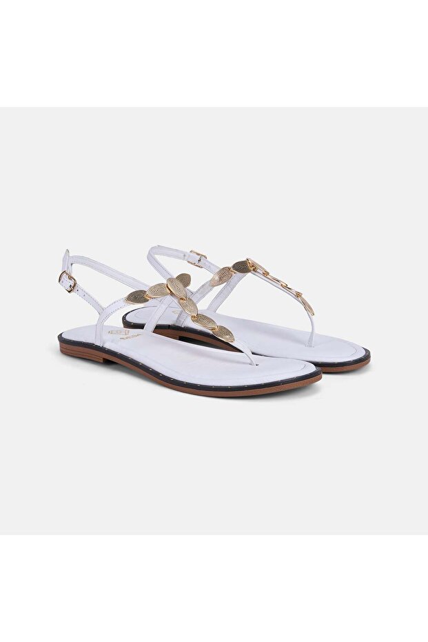 Women's White Leather Flip-Flop Sandals with Gold Buckle Accessories