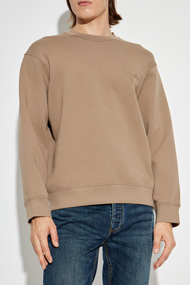 Men's Comfortable Double Jersey Round Neck Logo Embroidered Brown Sweatshirt