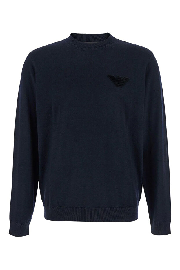 Men's Brand Logo Detailed Crew Neck Regular Fit Navy Blue Sweatshirt
