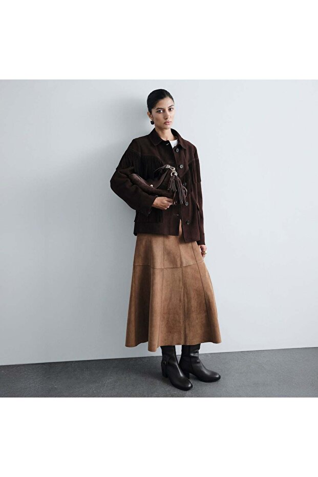 Women's Dark Brown Shirt Collar Pack Tassel Detailed Suede Jacket