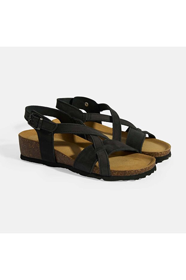 Black Women's Buckle Detailed Suede Sandals