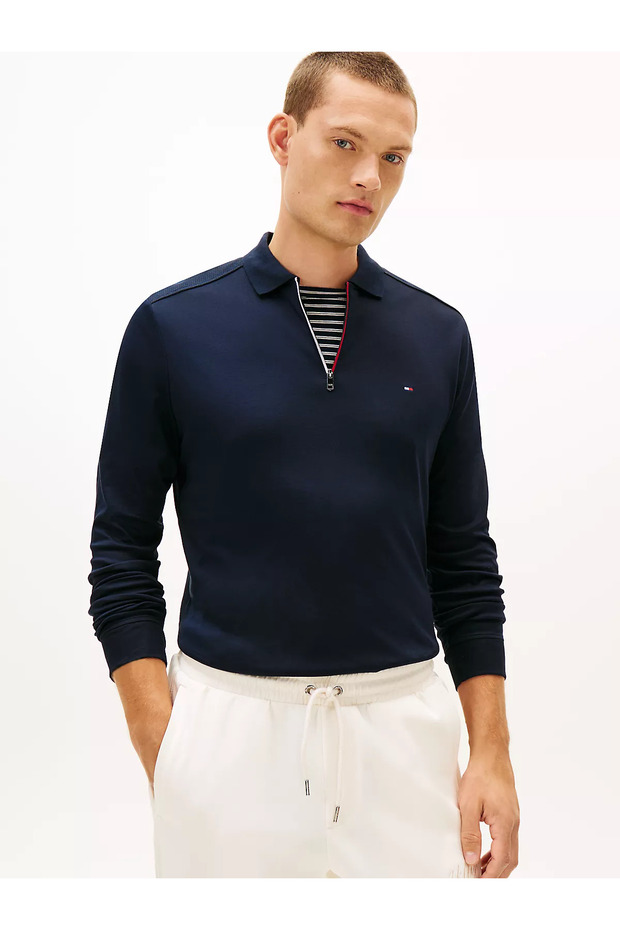 Men's Regular Fit Cotton Half Zipper Long Sleeve Navy Blue Polo Collar T-Shirt