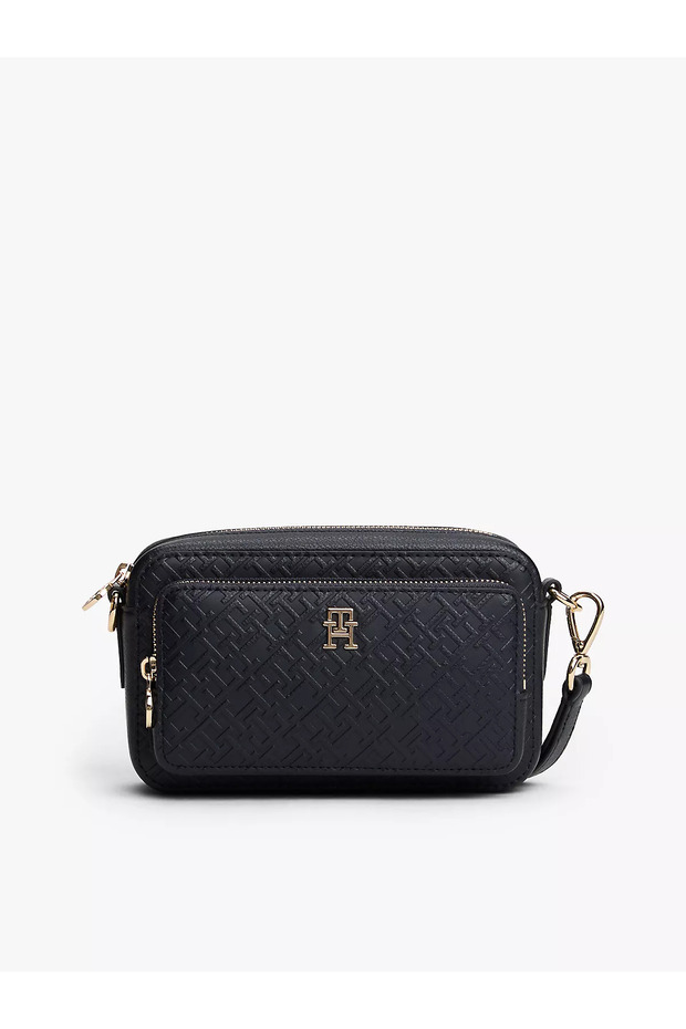 Women's Monogram Logo Embossed Navy Blue Shoulder Bag with Zippered Front Pocket