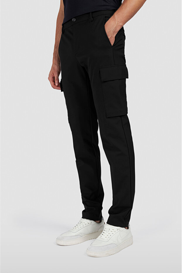 Men's Hidden Zipper Side Pocket Flexible Nylon Cargo Black Trousers