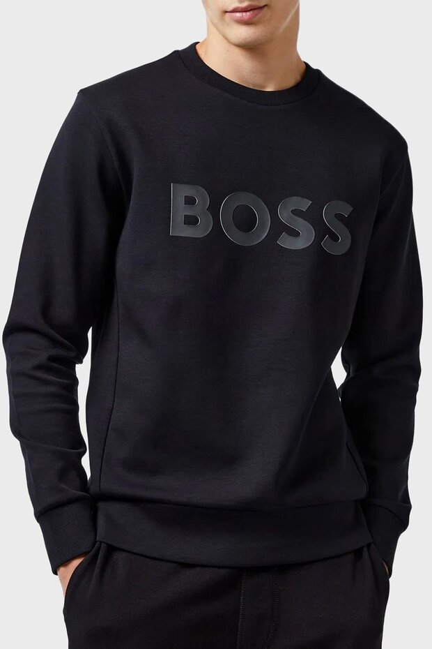 Erkek Regular Fit Ribanalı Yuvarlak Yakalı Esnek Pamuklu Logo Kabartmalı Siyah Sweatshirt - 1