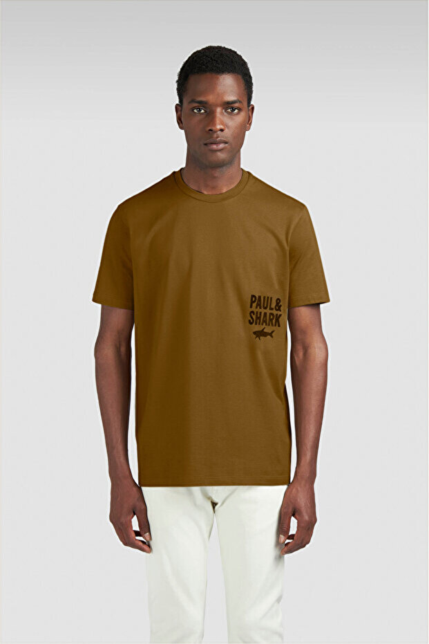Men's Regular Fit Round Collar 100% Cotton Logo Embossed Short Sleeve Brown T-Shirt