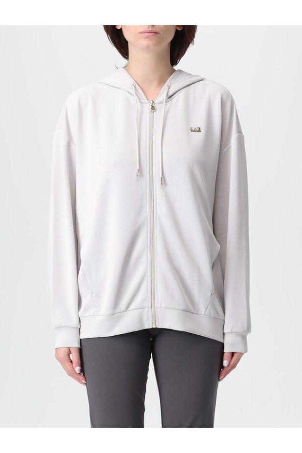 Women's Hooded Collar Pocket Detail Zipper Closure Long Sleeve Gray Sweatshirt