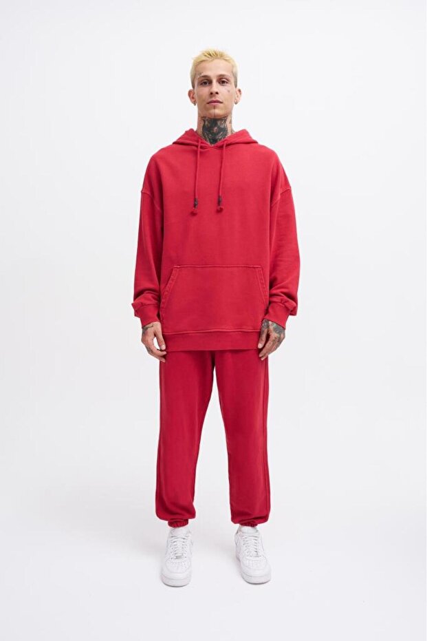 Erkek Basic Solid Kapüşonlu Oversize Yıkamalı Kırmızı Sweatshirt - 5
